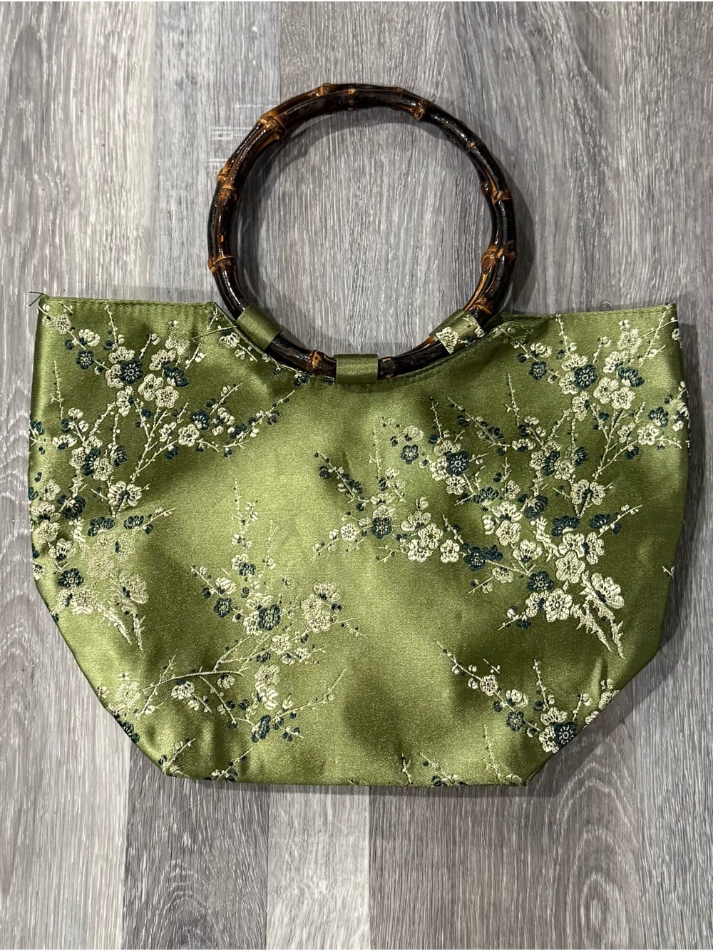 Boho Cherry Blossom Satin Embroidered Top Handle Bag, Bamboo Handle, Lined